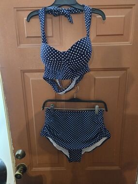Hot Girl Summer 2 Pc Bathing Suit. Navy Blue With White Polka Dots